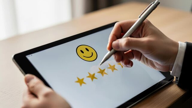 Customer Satisfaction Rating: A close-up shot captures a hand holding a stylus, hovering over a tablet screen displaying a smiley face and a five-star rating.