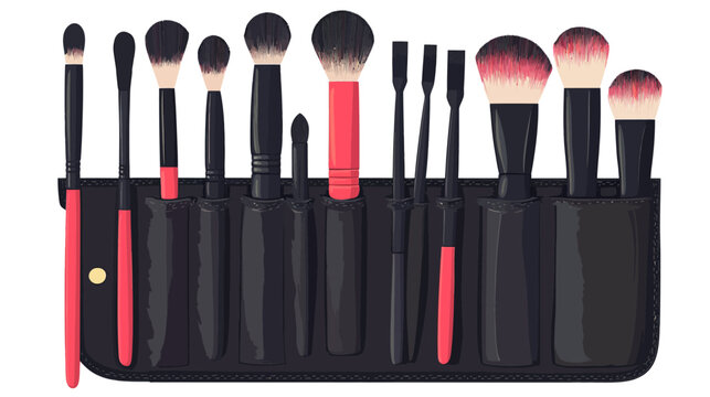 Row of makeup brushes in a black case, red handles and gradient bristles nicely
