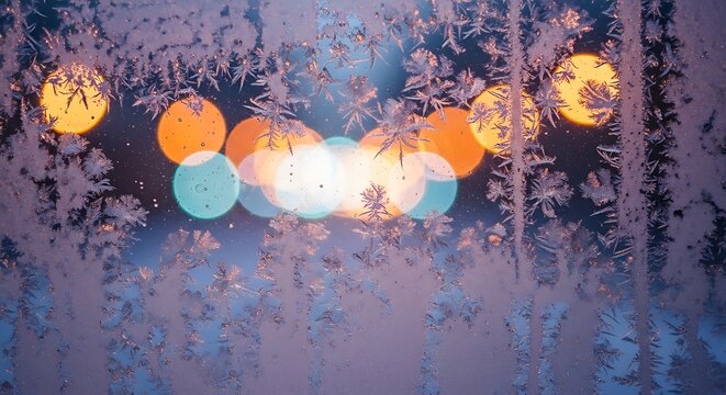 Frosty window pane with blurred colorful city lights bokeh