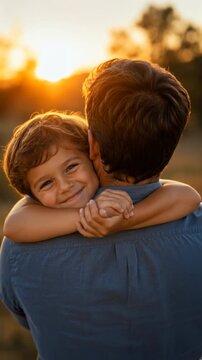 Father and child embracing in a sunset family scene