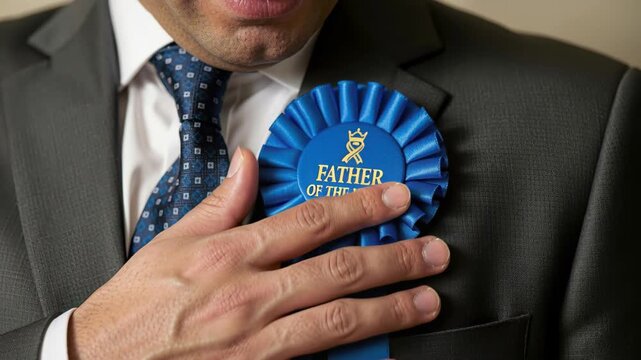 Father of the Year Awarded: A proud father proudly displays his Father of the Year rosette, a symbol of his dedication and love.