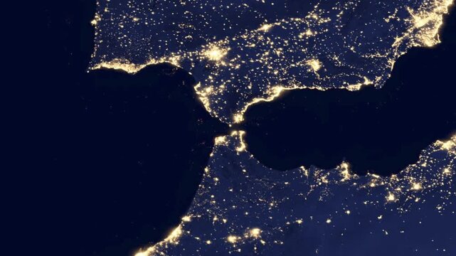 Night satellite view zoom in and out of Strait of Gibraltar