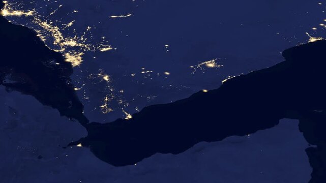 Night satellite flyover from Bab-el-Mandeb to Nile Egypt.