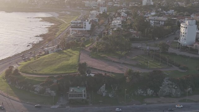 Drone Sunset Over Montevideo Bay Skyline  Uruguay