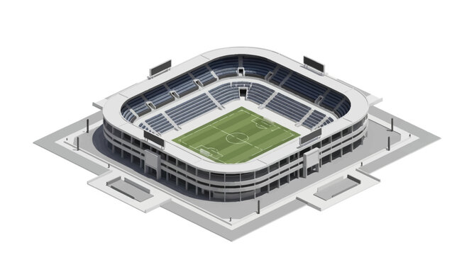Isometric view of a modern stadium with a green football field and tiered seating, set against a clean white background, conveying a sense of grand scale and sporting event