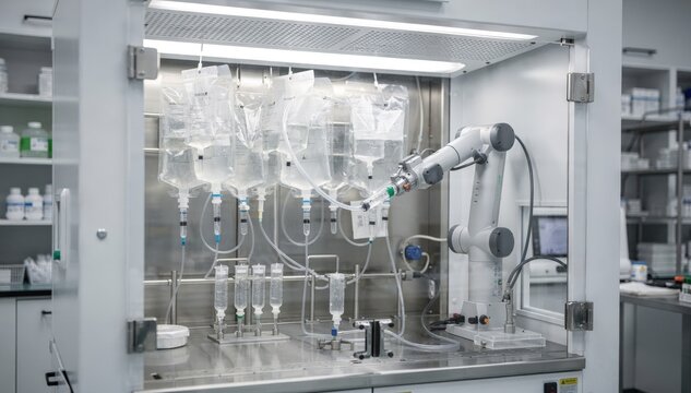 Medium shot of a robotic compounding cell meticulously filling oncology preparation bags with precise sterile chemotherapy doses highlighting advanced automation and safety