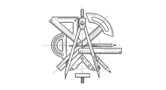 Precision drafting tools: compass, ruler, protractor, set square, pencil line art. Geometry, engineering, design, and education concept.