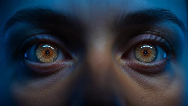 Close up of human eyes transforming and glowing with bright orange light in sci fi concept.