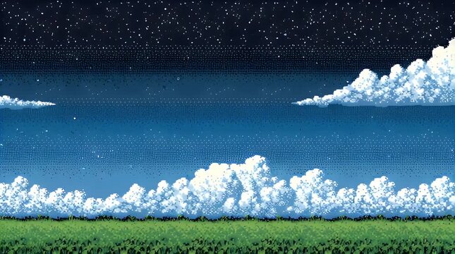 Pixel art starry night landscape with scrolling tree and clouds