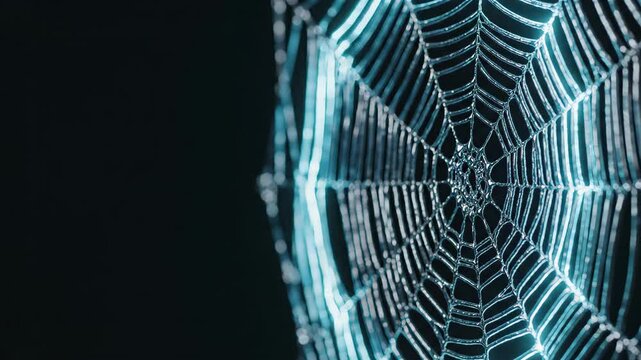 Spider web glistening in darkness. Macro detail of orb weaver silk pattern with blue light illumination. Nature structure and biological architecture concept