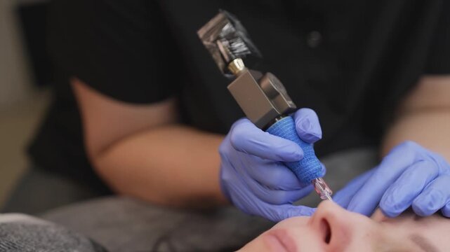 Professional beautician performing microblading on woman lying down, wearing blue gloves, using specialized tool for eyebrow enhancement in beauty salon
