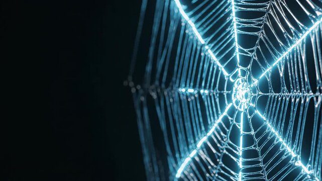 Glowing spider web in dark background. Abstract digital structure with illuminated silk strands. Connection and network concept for technology or biology model