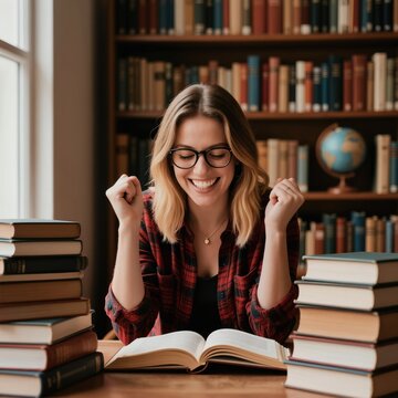 Young woman with glasses celebrates success in library. Female student reads book among bookshelves, happy about knowledge acquisition. Achieved goal, passed exam, got admission. Education concept.