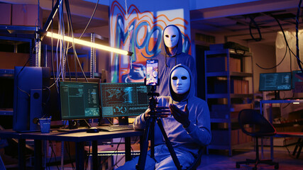 White hat hackers doing online activism, wearing anonymous masks and filming video threatening...