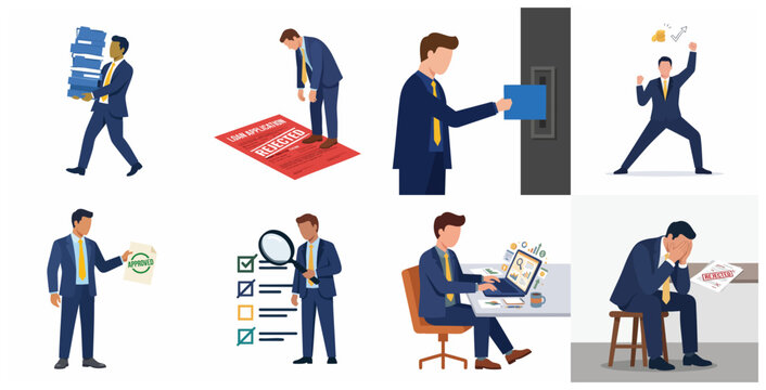 Set of Business People Vector Illustrations for Financial Loan Process, Success, and Failure Concepts