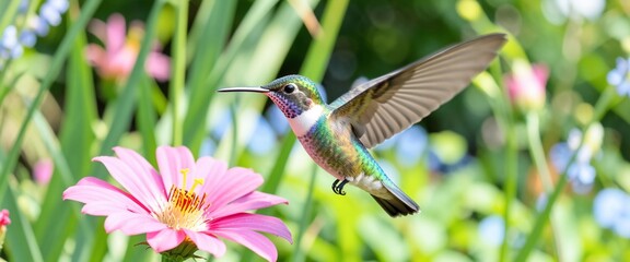 Obraz premium Hummingbird Hovering Over Pink Flower in Sunny Garden with Green Background
