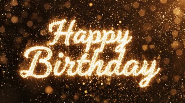 Sparkling golden "Happy Birthday" text illuminated against a dark, bokeh-filled background, creating a festive and celebratory atmosphere.