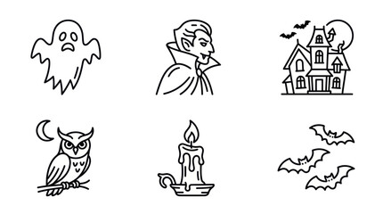 Fototapeta premium Halloween Icons: Ghost, Vampire, Haunted House, Owl, Candle, Bats