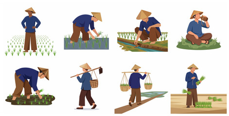 Fototapeta premium Set of Traditional Asian Farmer Characters Working in Rice Paddy Fields Illustration
