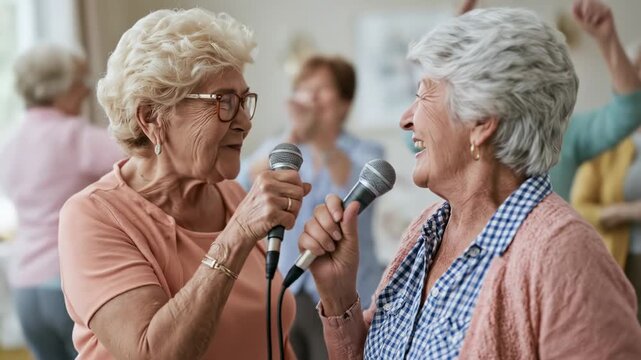 Joyful senior women singing karaoke with microphones during a party in a retirement home. Happy elderly friends having fun and dancing.