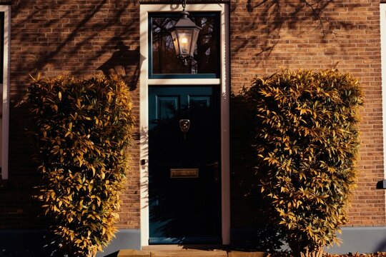 Brick building facade with dark blue door flanked by lush bushes. A vintage lantern hangs above the entrance, casting shadows. The scene suggests a charming European residence.