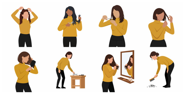Flat vector illustration set of a woman cutting her own hair, grooming, styling, and caring for hair at home