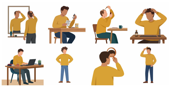 Men's hair loss treatment stages illustration set, including scalp massage, applying serum, and hair regrowth transformation