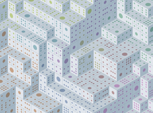 Colorful isometric illustration of multicolor stacked dice pattern