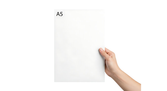 Human hand holding a blank white A5 paper sheet with "A5" text, isolated on a transparent background.