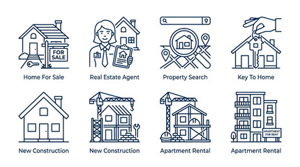 Fototapeta premium Real Estate Icons: Home Sale, Agent, Search, Key, Construction, Rental