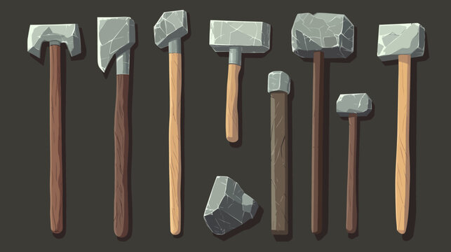 A row of stylized wooden-handle hammers with gray stone heads on dark background