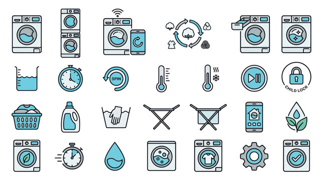 Smart Laundry Icons: Washing Machine, Dryer, App Control, Settings, Eco-Friendly