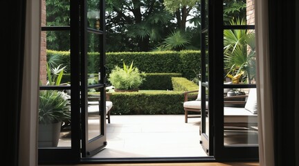 Obraz premium Modern patio with glass doors leads to green garden. Outdoor space offers seating furniture and plants. Enjoying leisure time in a calm backyard retreat.