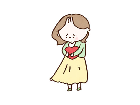 Delicate woman holding a heart shape with both arms with an anxious expression, HSP or mental health concept