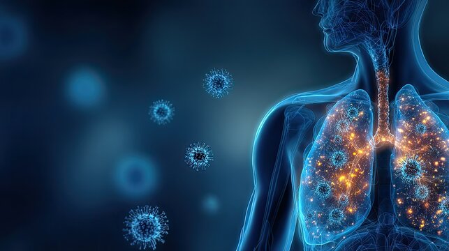 Blue wireframe 3D human torso lung illustration, virus invading respiratory system, pneumonia infection medical background for epidemic prevention promotion