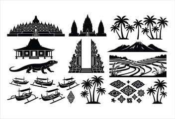 Balinese Cultural Elements Temples Landscapes And Wildlife Black Silhouette © AMENA KHATUN
