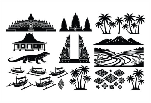 Balinese Cultural Elements Temples Landscapes And Wildlife Black Silhouette