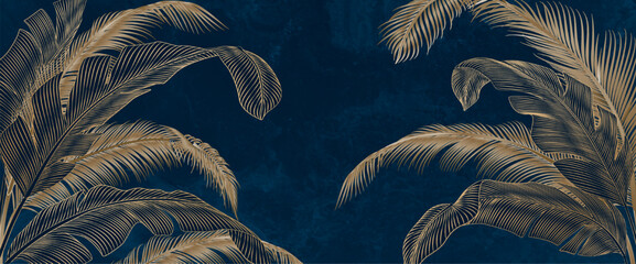 Obraz premium Dark luxurious art background with golden palm leaves in a line style. Botanical banner with tropical plants for wallpaper, decor, packaging, prints, and posters.