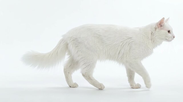 Majestic White Turkish Angora Cat Walking Gracefully on White Background Elegant Pet Movement