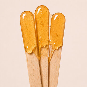 Golden Sugaring Wax Stretching Between Wooden Spatulas