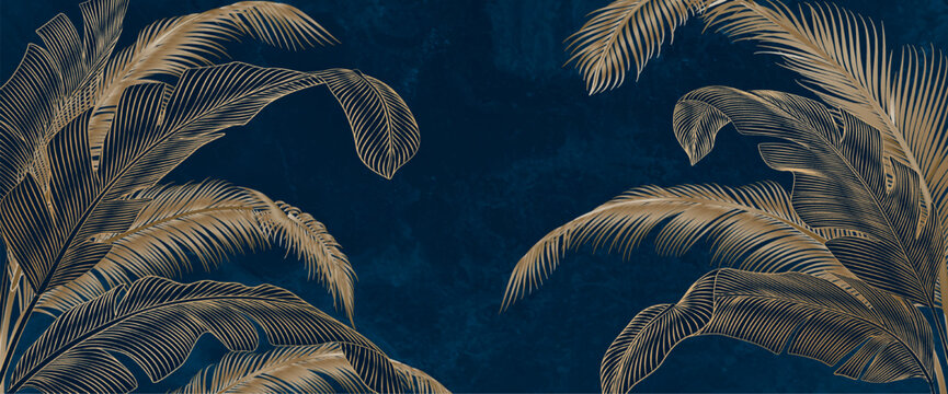 Dark luxurious art background with golden palm leaves in a line style. Botanical banner with tropical plants for wallpaper, decor, packaging, prints, and posters.