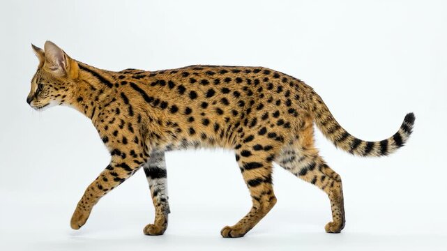 Serval Wild Cat Walking Gracefully Isolated on White Background Side View