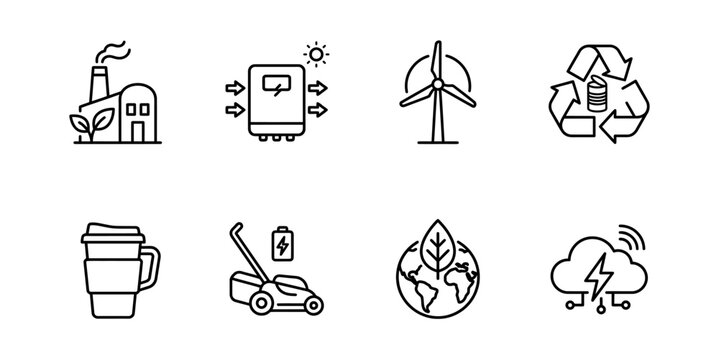 Set of black line icons depicting various environmental and energy themes including factory, electric car charging, wind turbine, recycling, coffee
