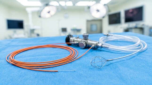 Endoscopic stone retrieval basket with catheter, guidewire and tubing on a sterile blue drape in an operating room, concept of ERCP and biliary stone extraction.