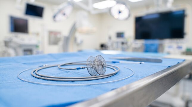 Atrial septal defect occluder device with delivery catheter on sterile blue drape in a cardiac cath lab, concept of minimally invasive ASD closure and interventional cardiology.