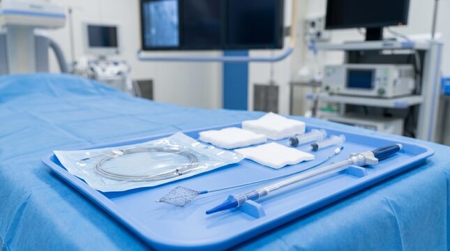 Endovascular retrieval basket with introducer sheath, catheter kit, syringes and gauze on a sterile blue tray in an interventional radiology suite.