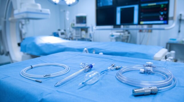 Balloon angioplasty catheter setup with guidewire, introducer sheath and extension tubing on a sterile blue drape in a cardiac cath lab.