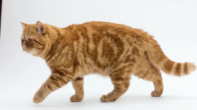 Red Tabby Exotic Shorthair Cat Walking Slowly Isolated White Background Pet Animal Domestic Feline