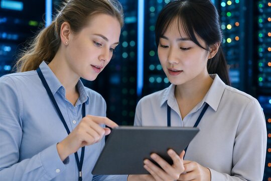 Data scientists and AI specialists analyze algorithms on a tablet computer within a modern datacenter, exploring optimizations for processing large datasets.