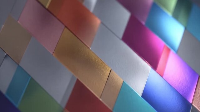 Interwoven, colorful rectangles with metallic sheen at an angle